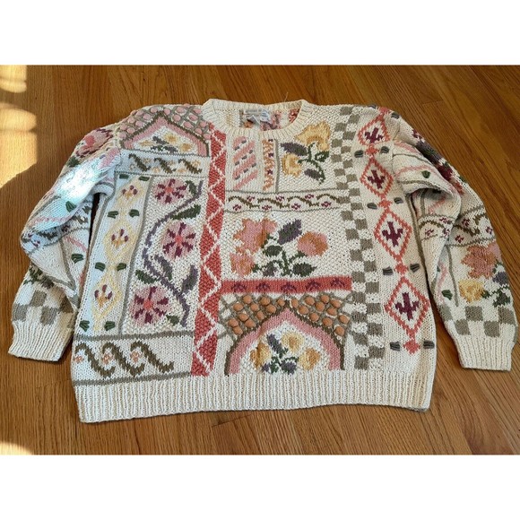 jennifer reed Sweaters - Vintage Jennifer Reed Hand Knit Cottage Core Floral Sweater Large White